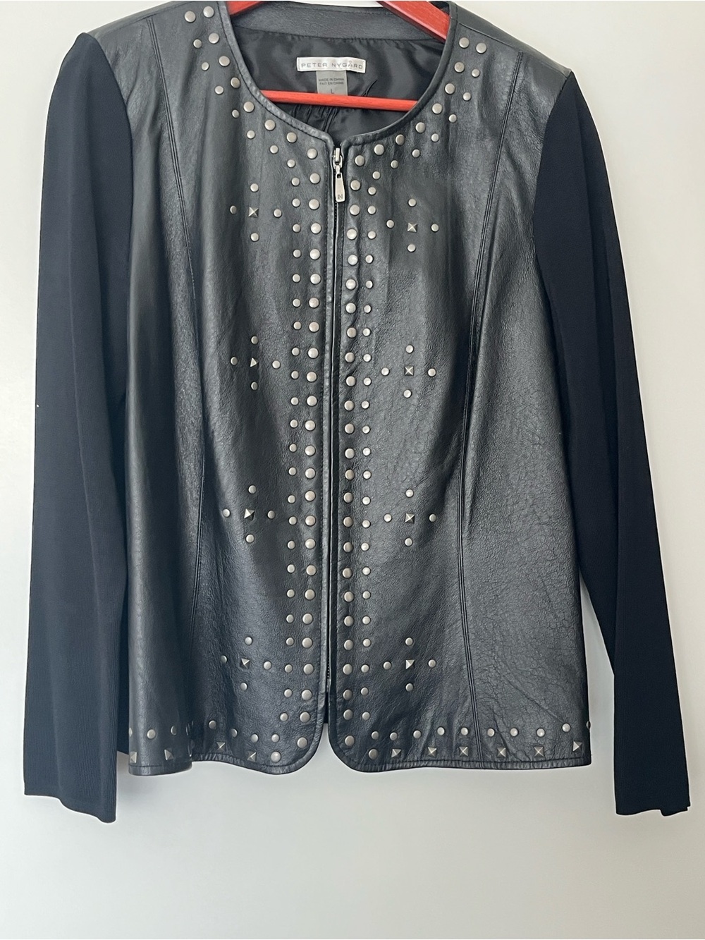 Peter Nygard Black Studded Leather and Knit Zip Jacket - Picture 4 of 8